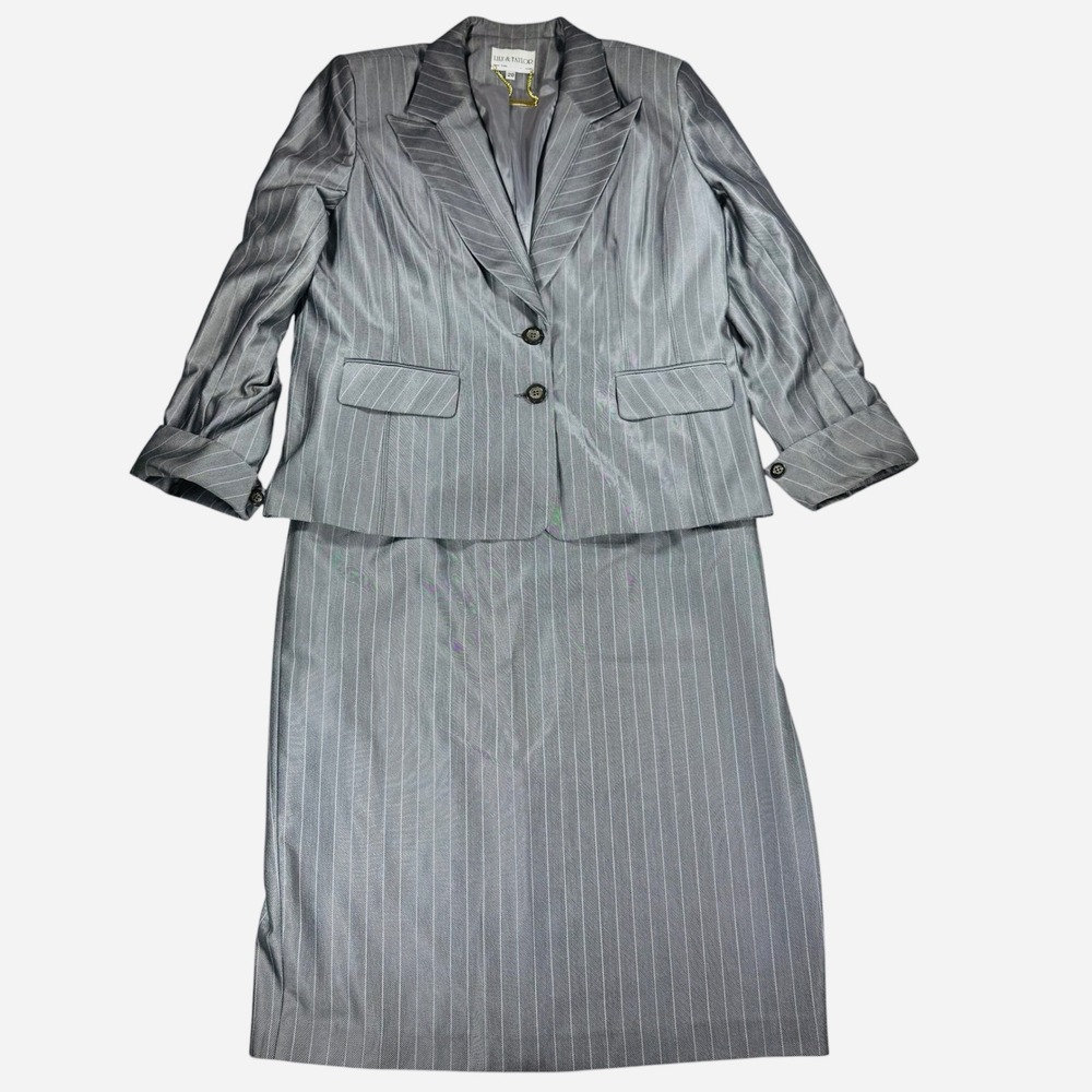 Lily & Taylor Vintage Grey Pinstripe Skirt Suit Set Removable Dickie Size 20